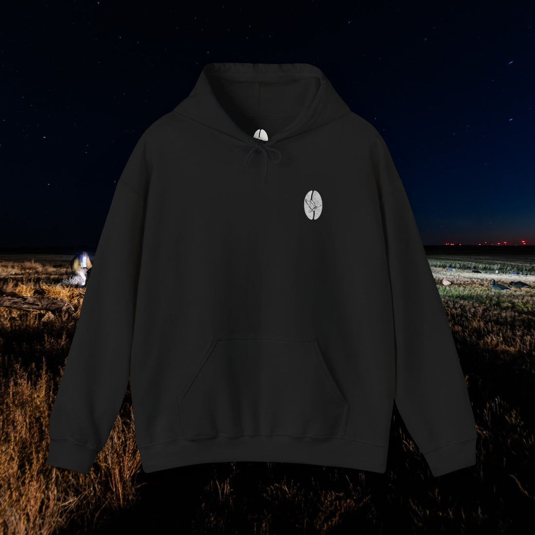 Waterfowl Coffee Heritage Hoodie in Black, front view with chest logo