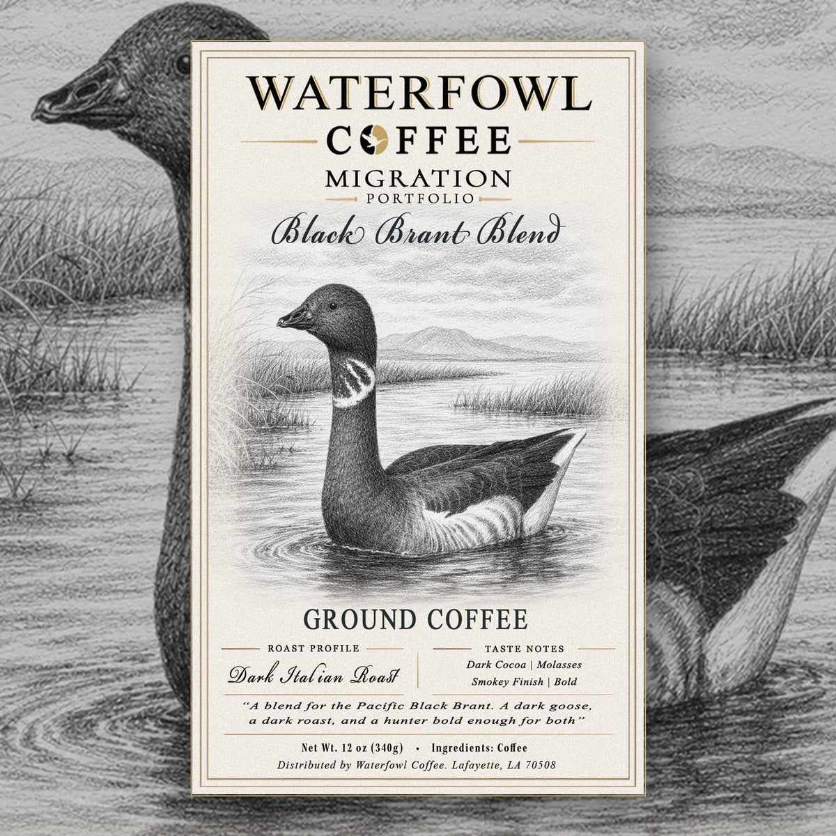 Waterfowl Coffee Black Brant Italian Roast bag art on a pencil-sketch brant backdrop