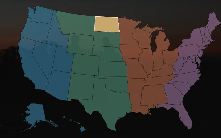 United States map colored by administrative waterfowl flyway, with North Dakota selected.
