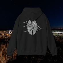 Waterfowl Coffee Heritage Hoodie in Black, back view with skein and coffee bean print