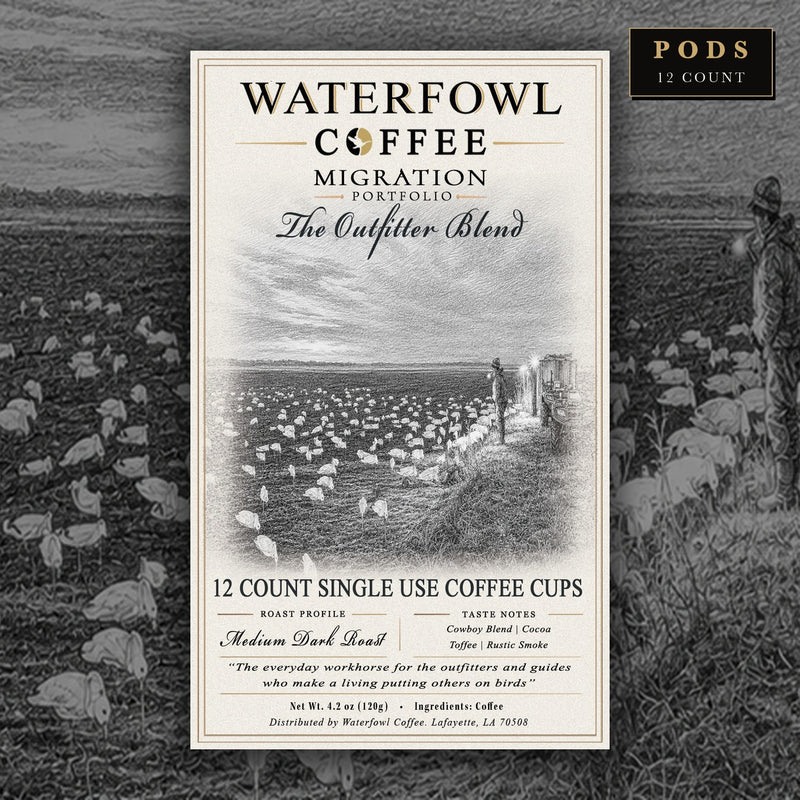 The Outfitter Blend single-serve pods, 12 count box, PODS badge