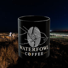 Waterfowl Coffee black ceramic mug with logo, glossy finish, C-handle