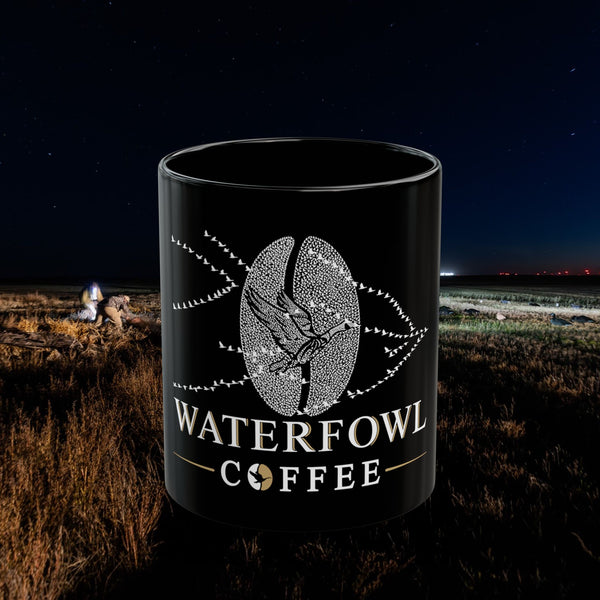Waterfowl Coffee black ceramic mug with logo, glossy finish, C-handle