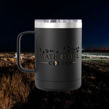 Waterfowl Coffee 15 oz insulated stainless steel tumbler with logo
