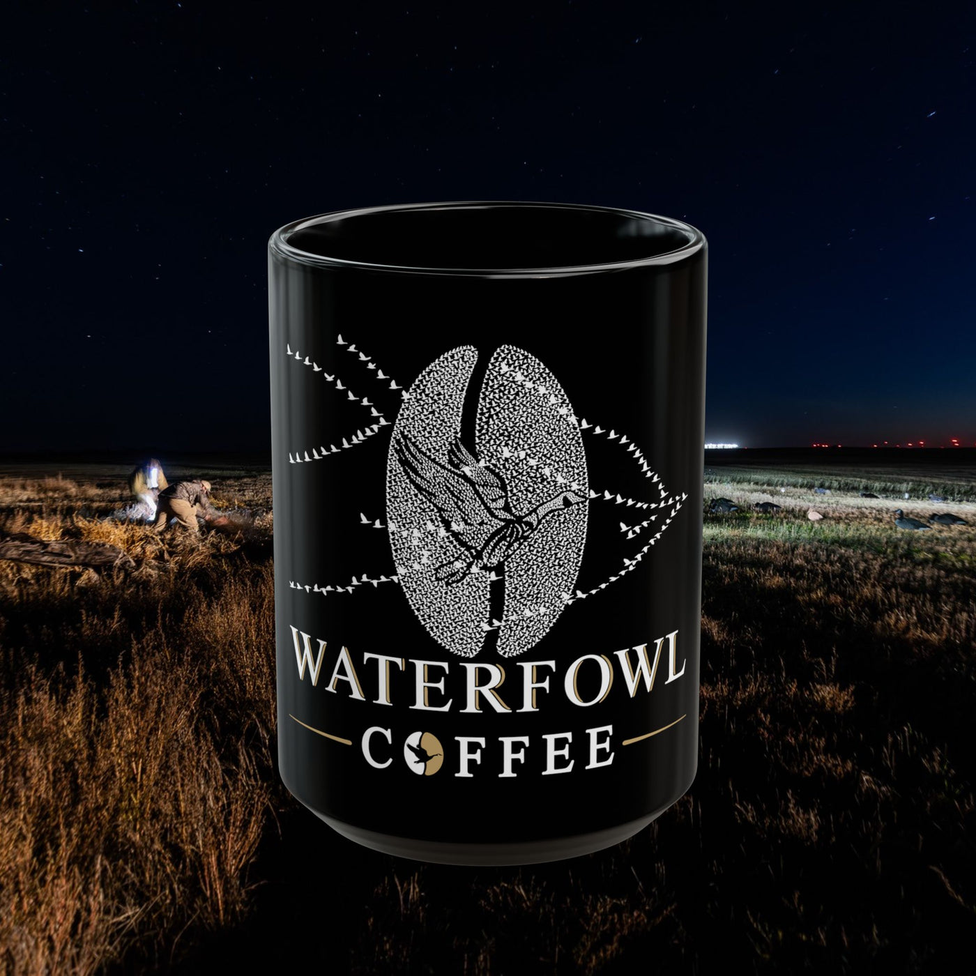 Waterfowl Coffee black ceramic mug with logo, 11 oz and 15 oz