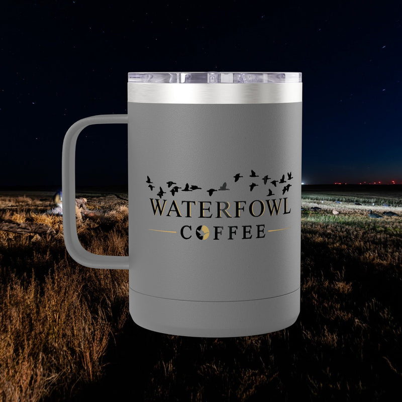 Waterfowl Coffee 15 oz insulated stainless steel tumbler with logo, C-handle and lid