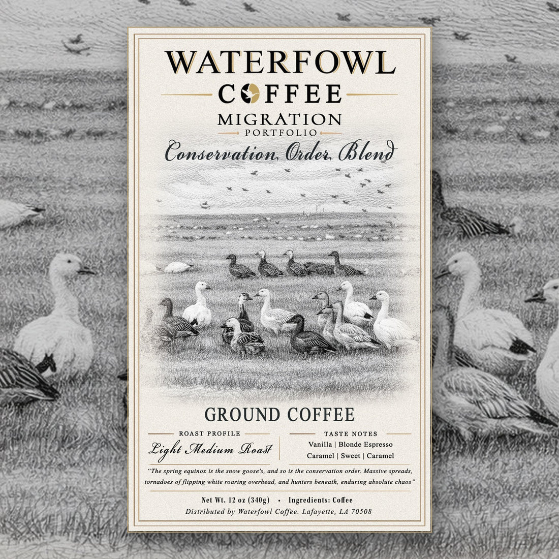 Conservation Order Blonde Espresso · 12 oz ground, label over artwork