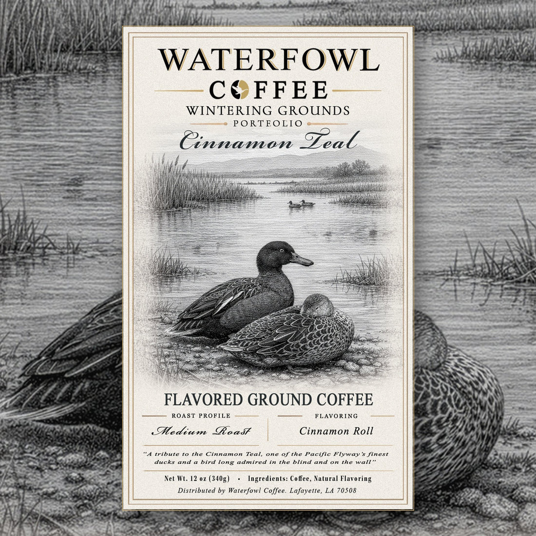 Cinnamon Teal Cinnamon Roll · 12 oz ground, label over artwork
