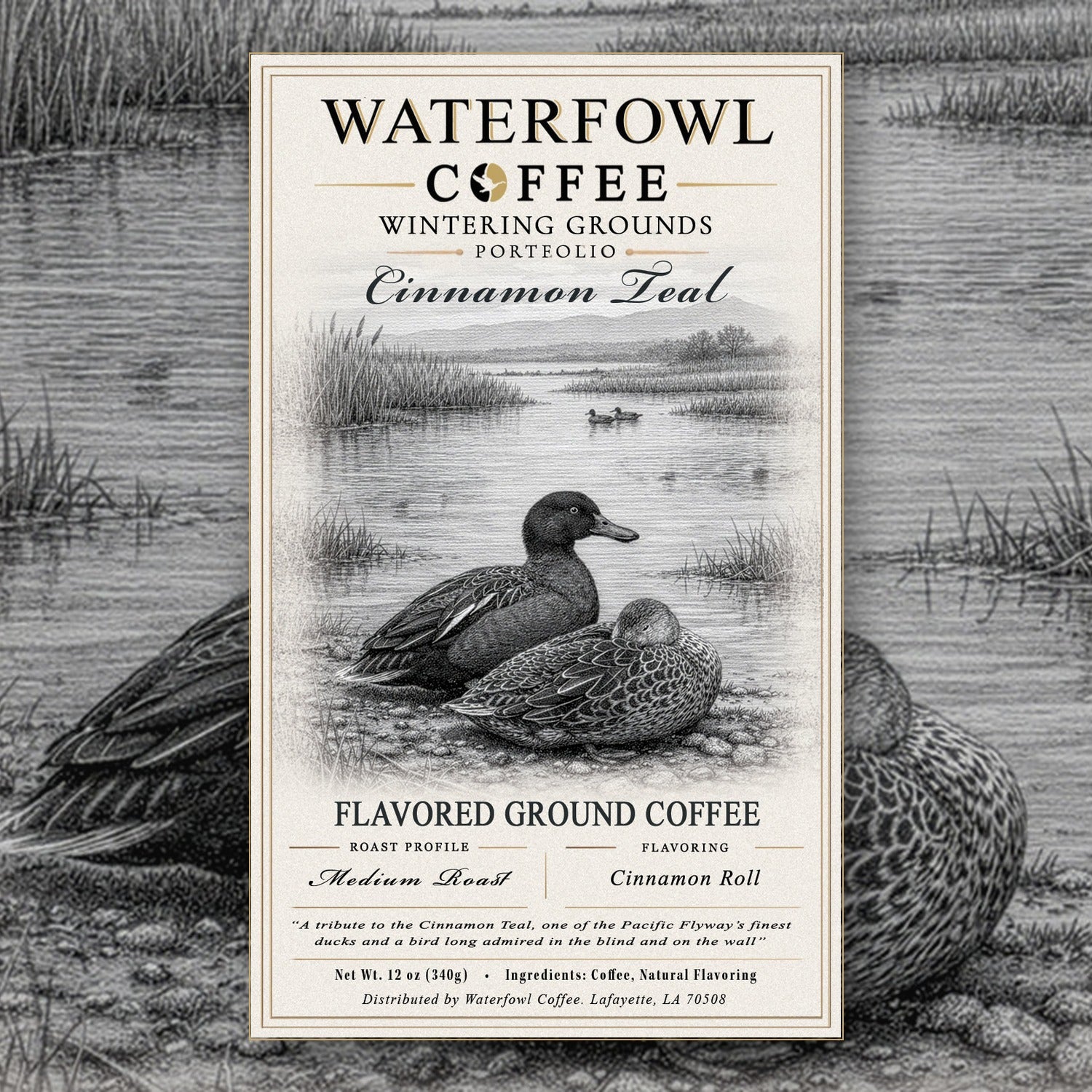 Cinnamon Teal Cinnamon Roll · 12 oz ground, label over artwork