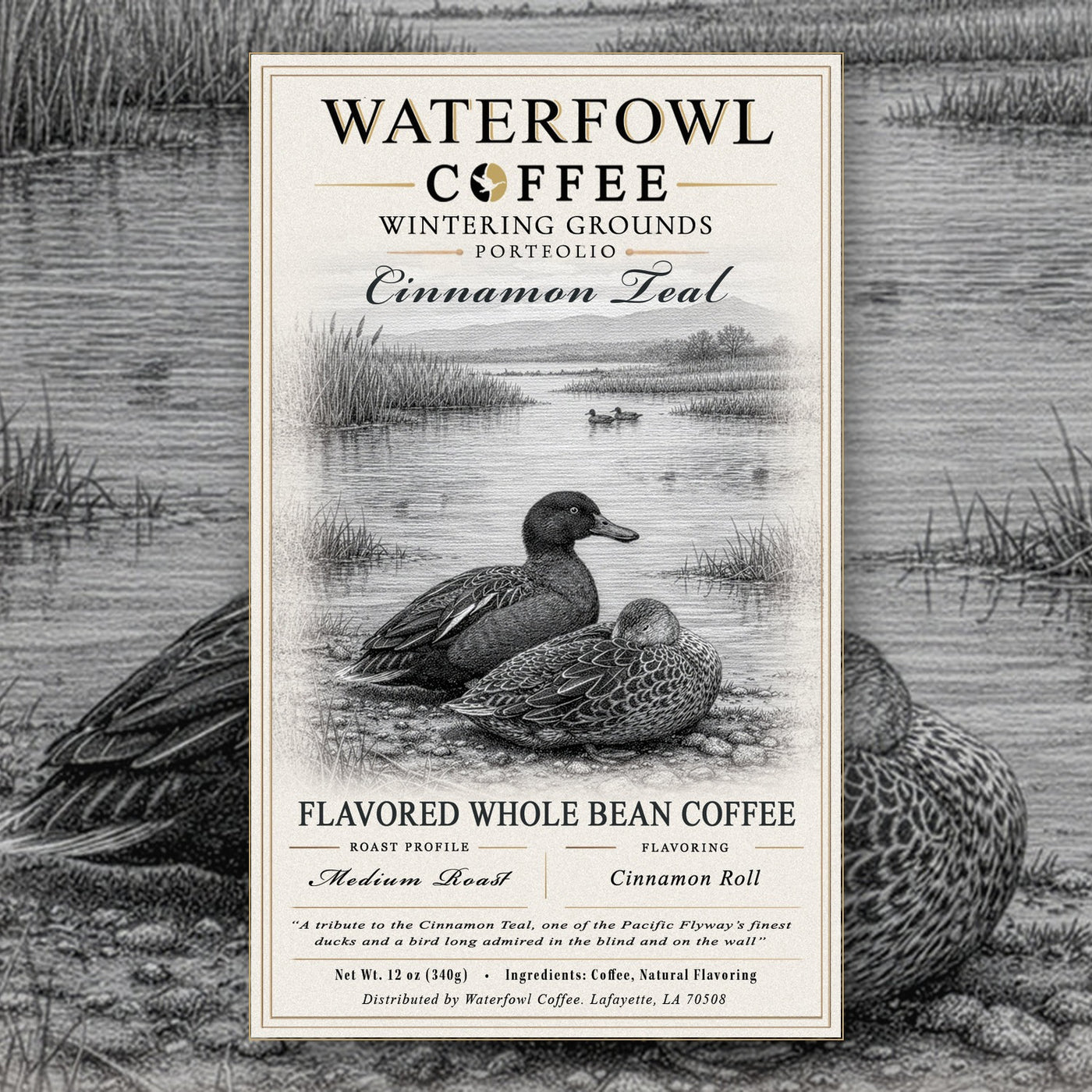 Cinnamon Teal Cinnamon Roll · 12 oz whole bean, label over artwork