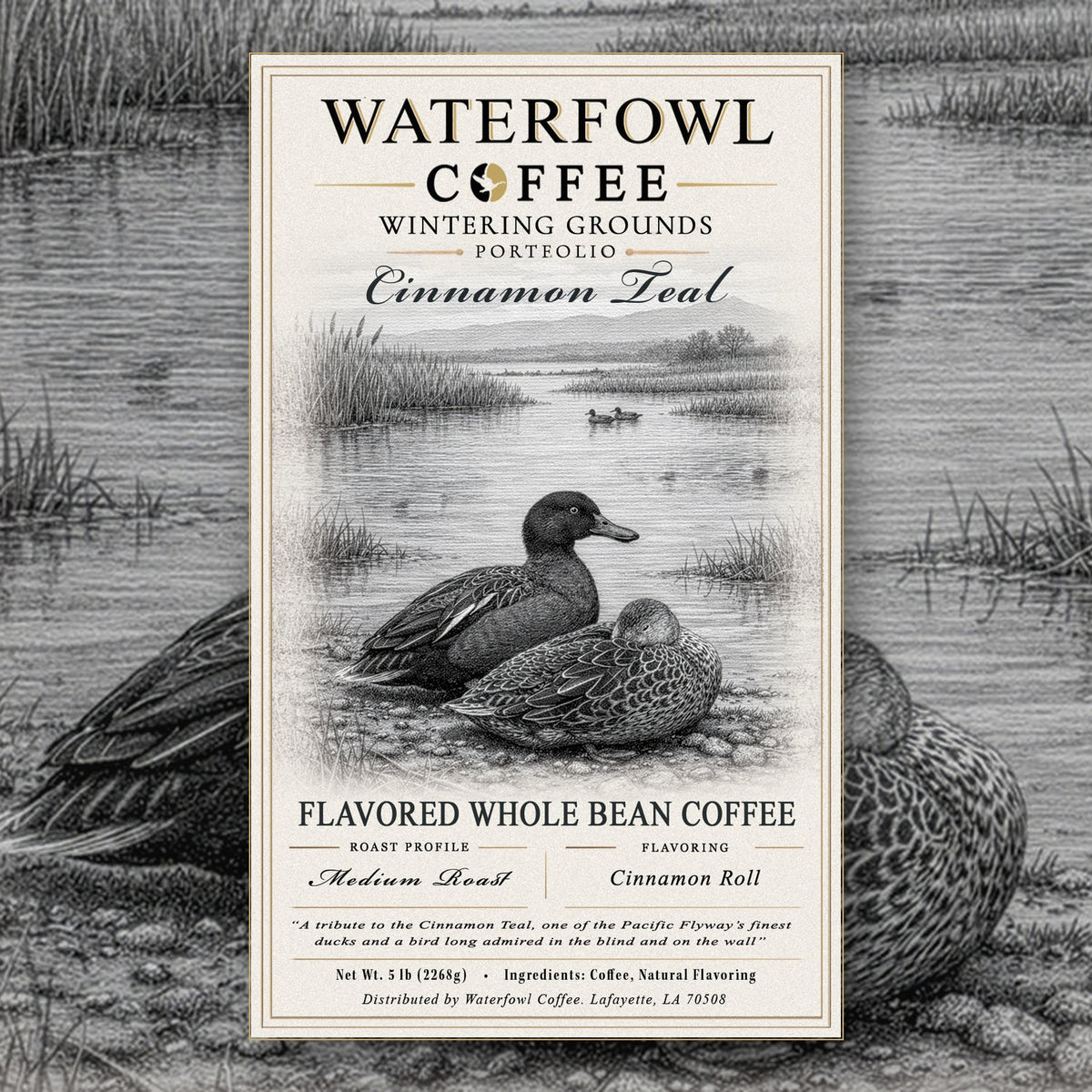 Cinnamon Teal Cinnamon Roll · 5 lb whole bean, label over artwork