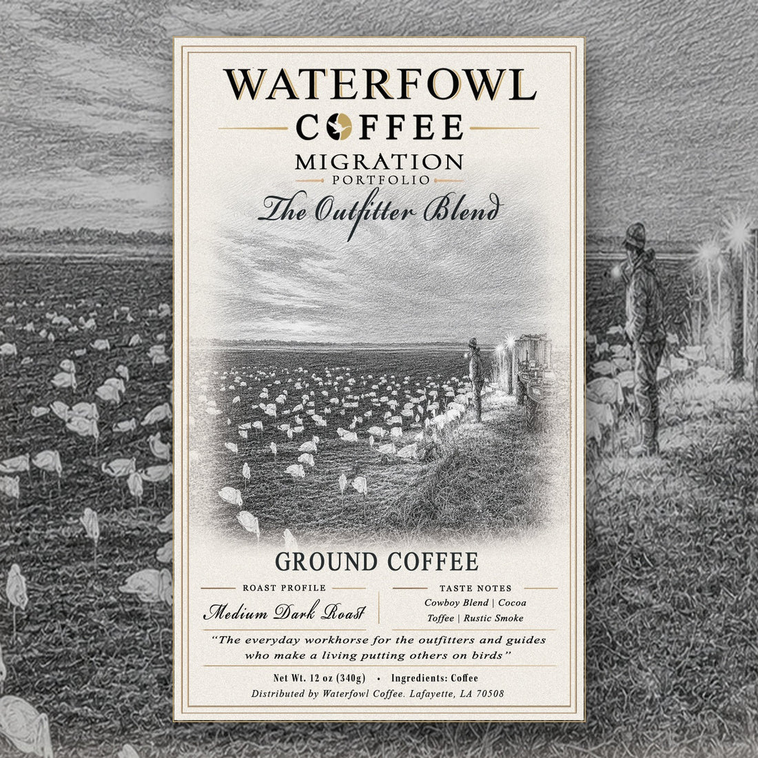 The Outfitter Blend · 12 oz ground, label over field artwork
