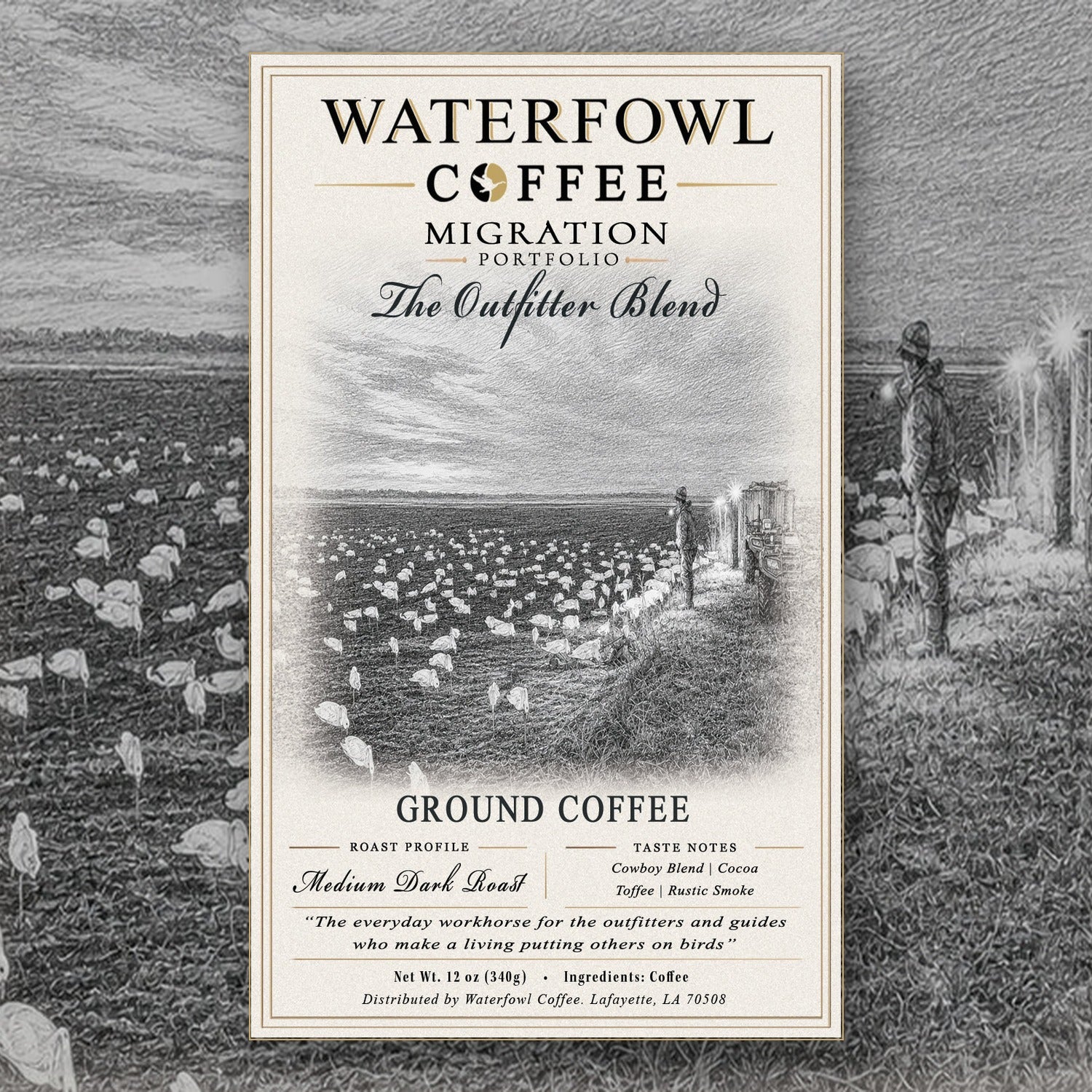 The Outfitter Blend · 12 oz ground, label over field artwork