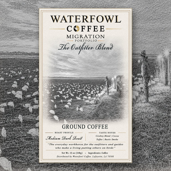 The Outfitter Blend · 12 oz ground, label over field artwork