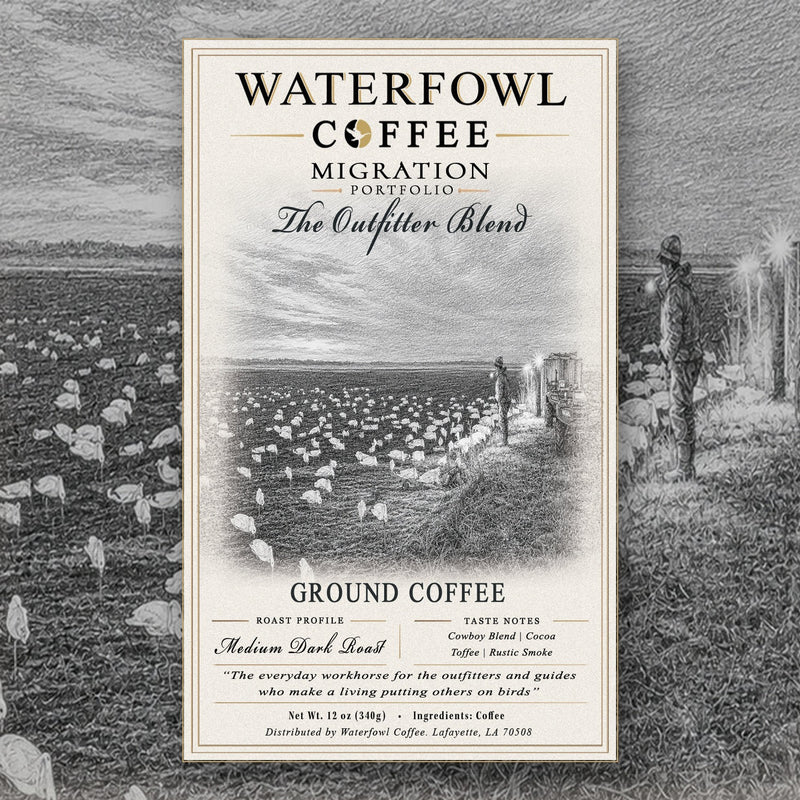 The Outfitter Blend · 12 oz ground, label over field artwork