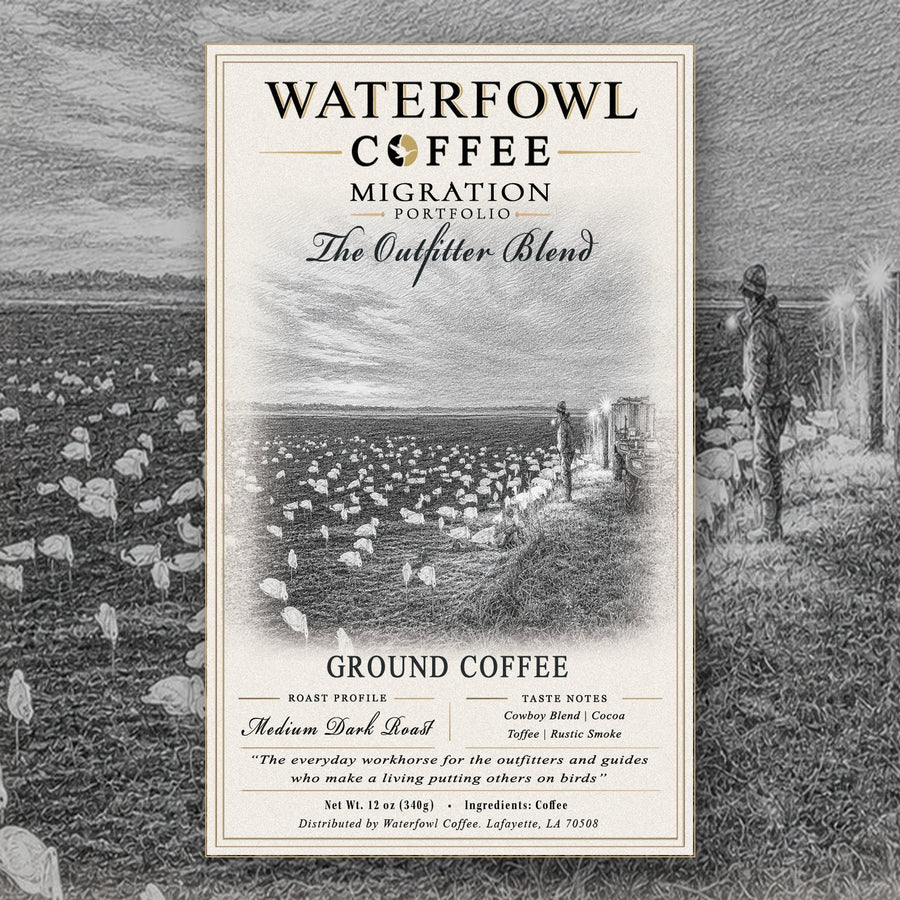 The Outfitter Blend · 12 oz ground, label over field artwork