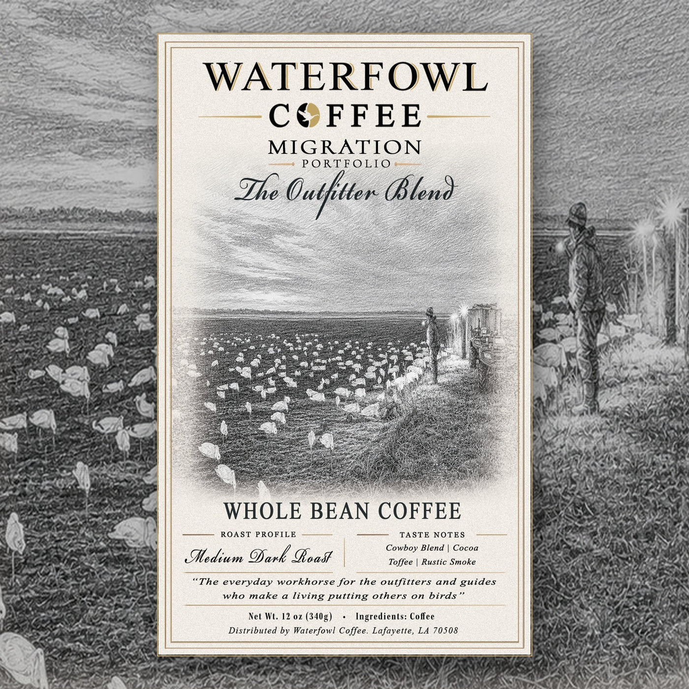 The Outfitter Blend · 12 oz whole bean, label over field artwork