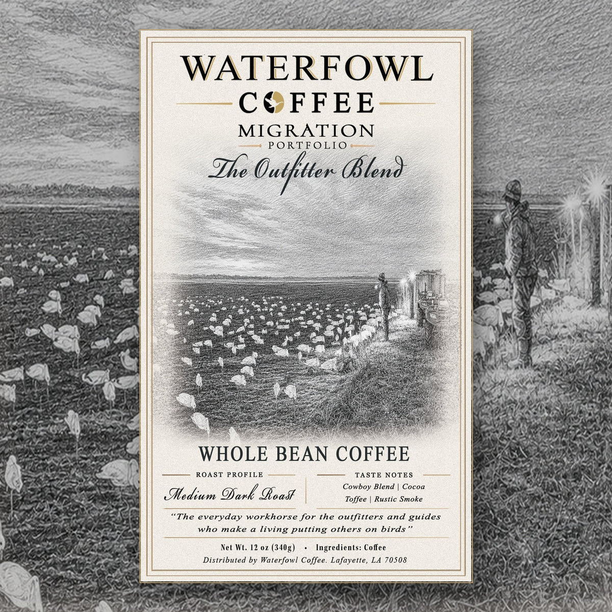 The Outfitter Blend · 12 oz whole bean, label over field artwork