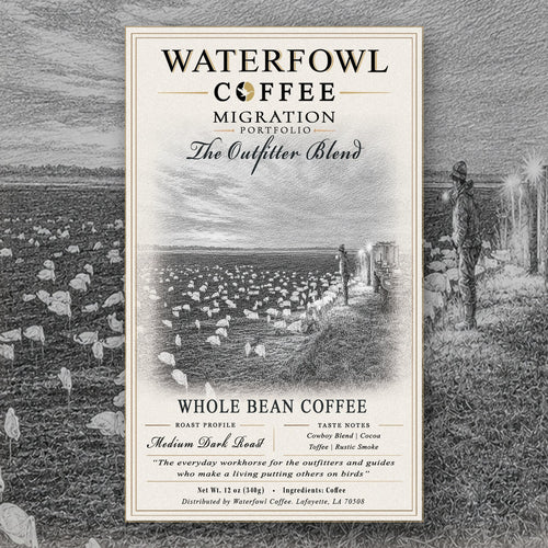 The Outfitter Blend · 12 oz whole bean, label over field artwork