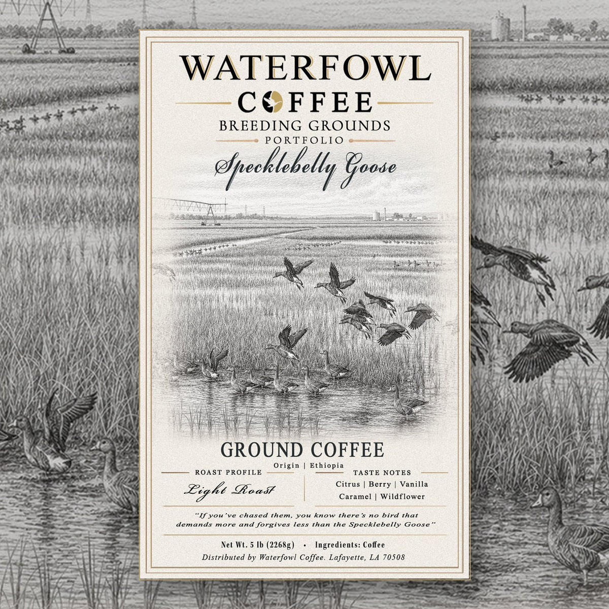 Specklebelly Goose Ethiopia Single Origin · 5 lb ground, label over artwork