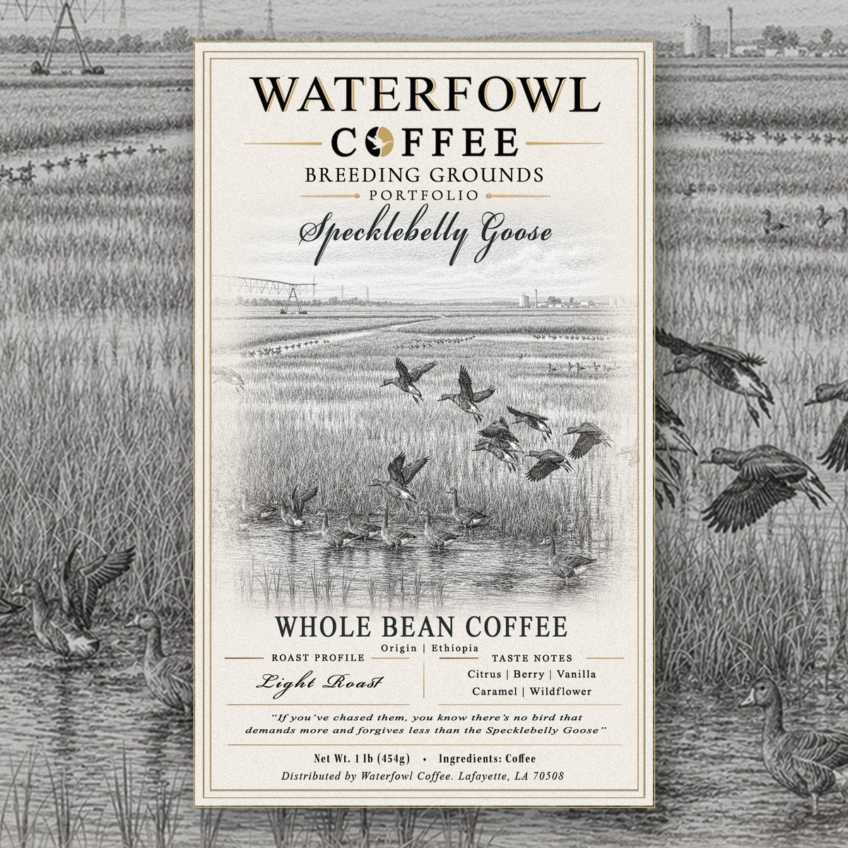 Specklebelly Goose Ethiopia Single Origin · 1 lb whole bean, label over artwork