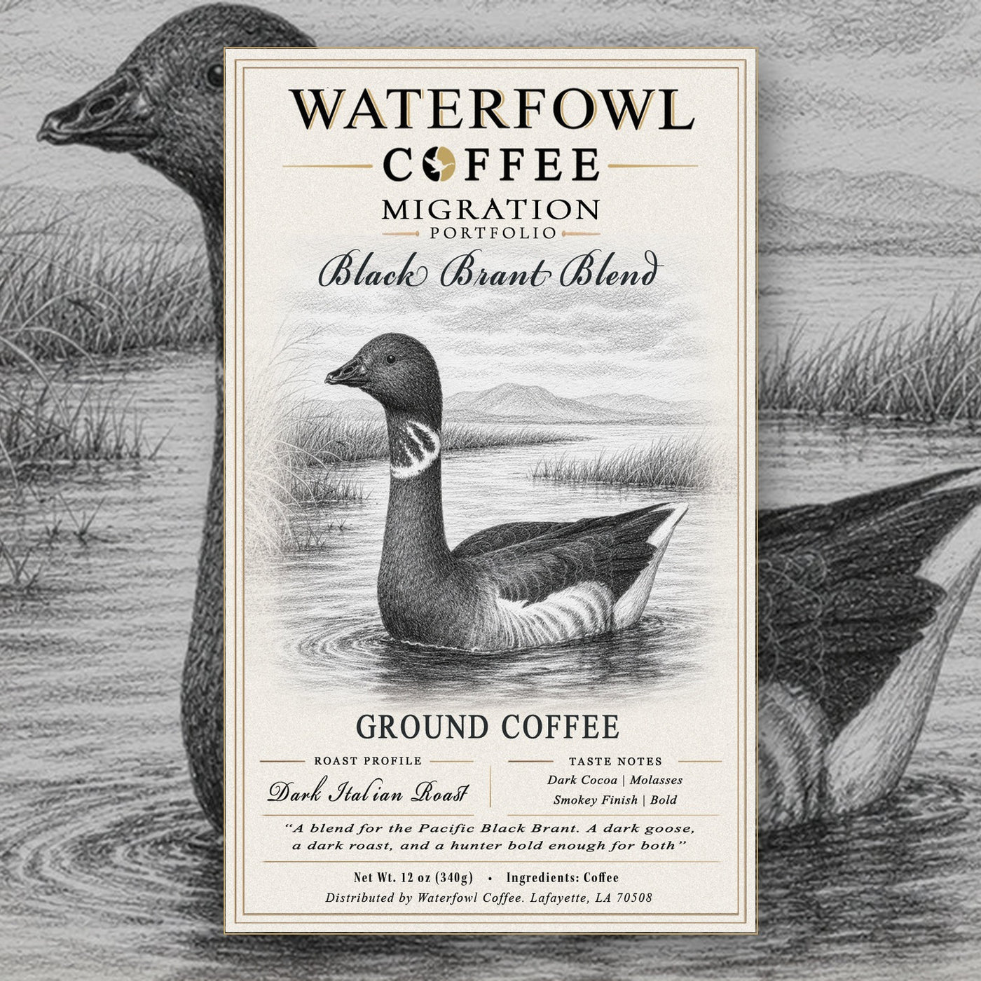 Black Brant Italian Roast · 12 oz ground, label over artwork