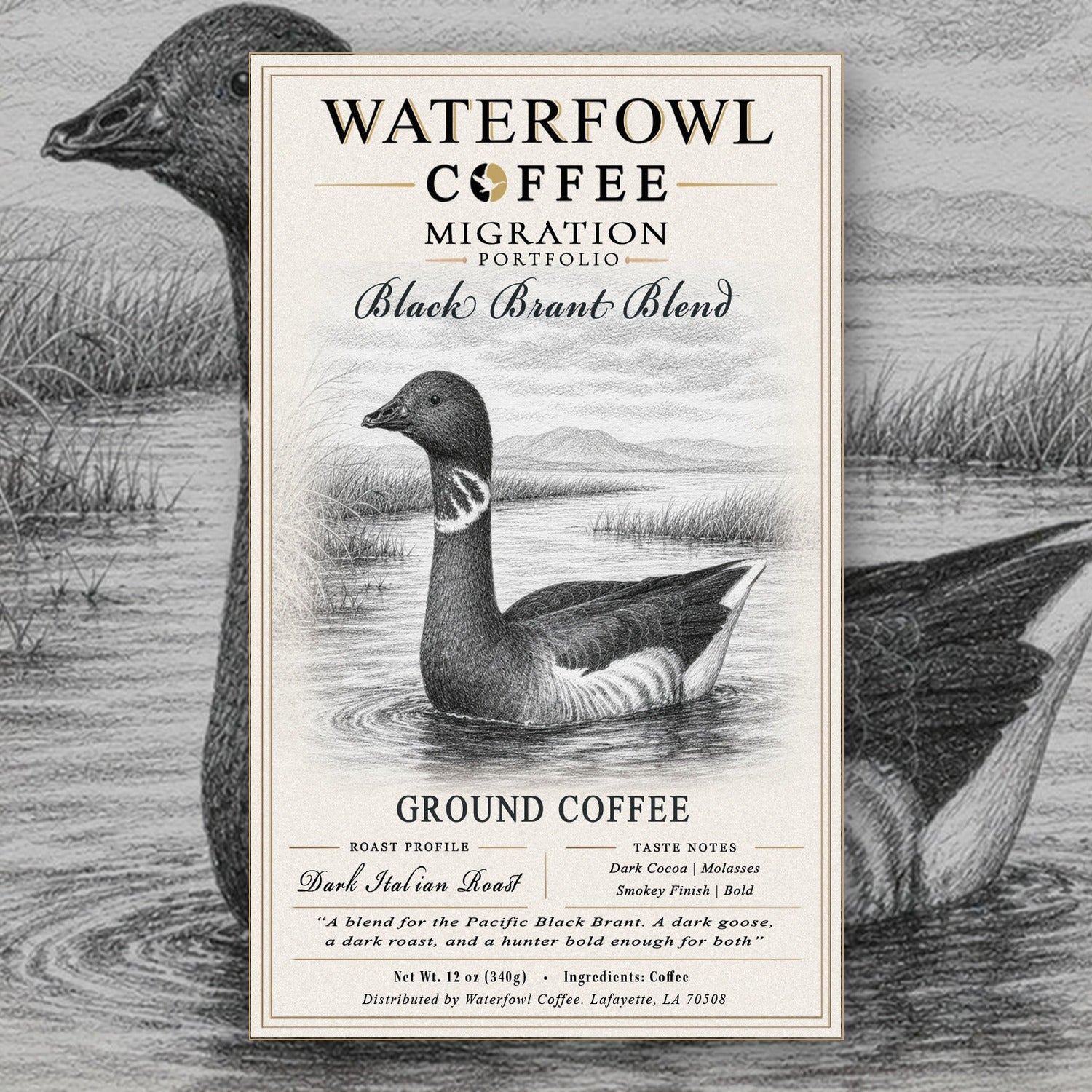 Black Brant Italian Roast · 12 oz ground, label over artwork