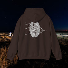 Waterfowl Coffee Heritage Hoodie in Dark Chocolate, back view with skein and coffee bean print